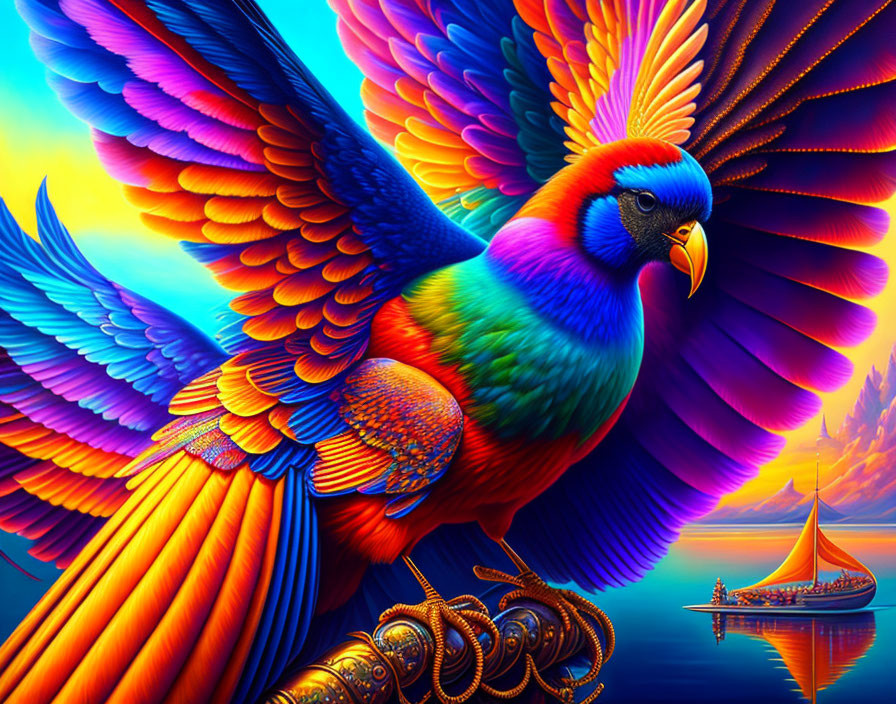 Colorful Bird Perched Over Sunset Sea Scene