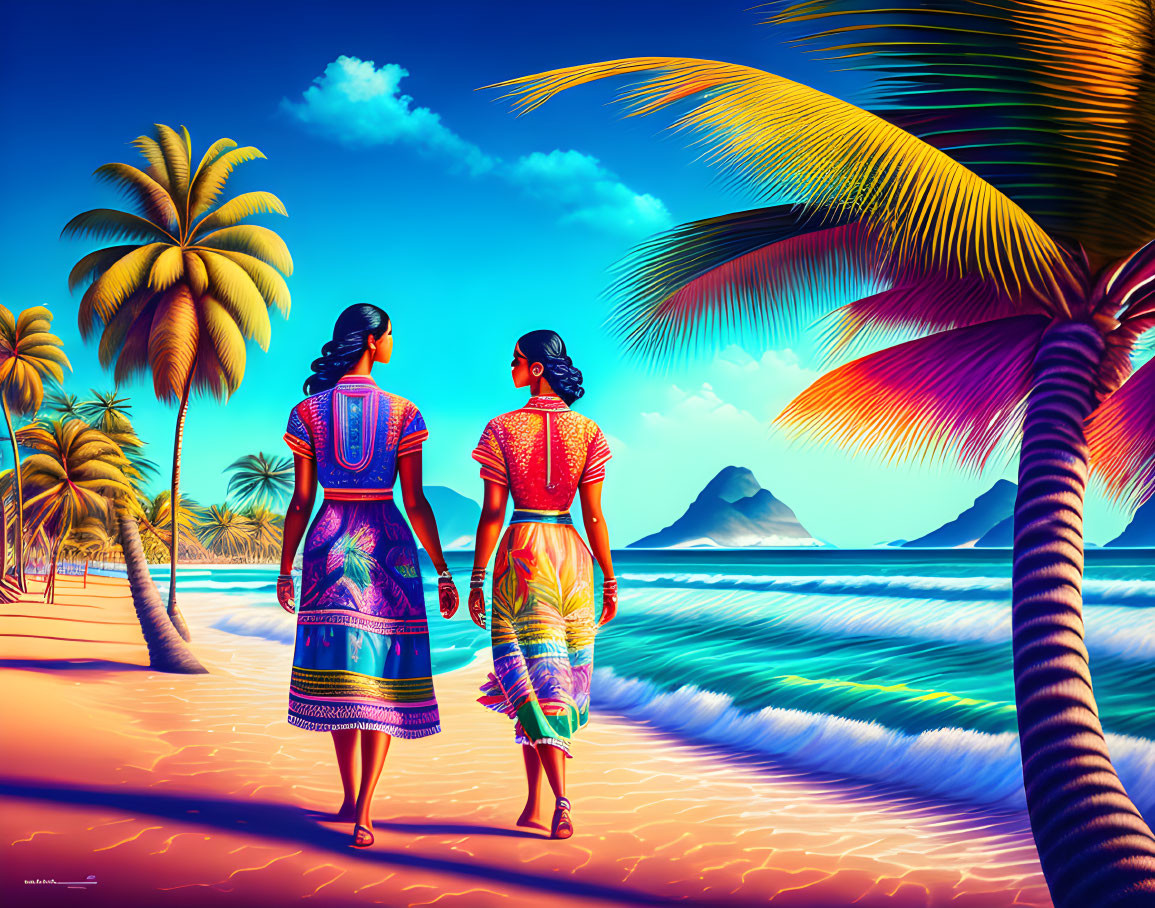 Two women in traditional dresses on tropical beach with palm trees and mountain.