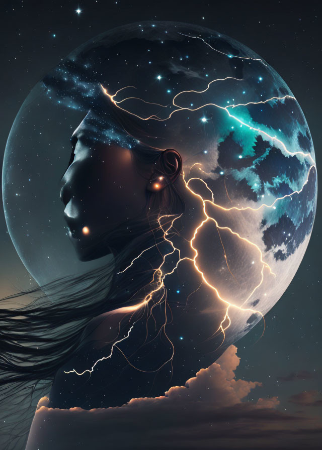 Digital artwork: Woman's profile merged with cosmic elements, moon, stars, lightning in night sky