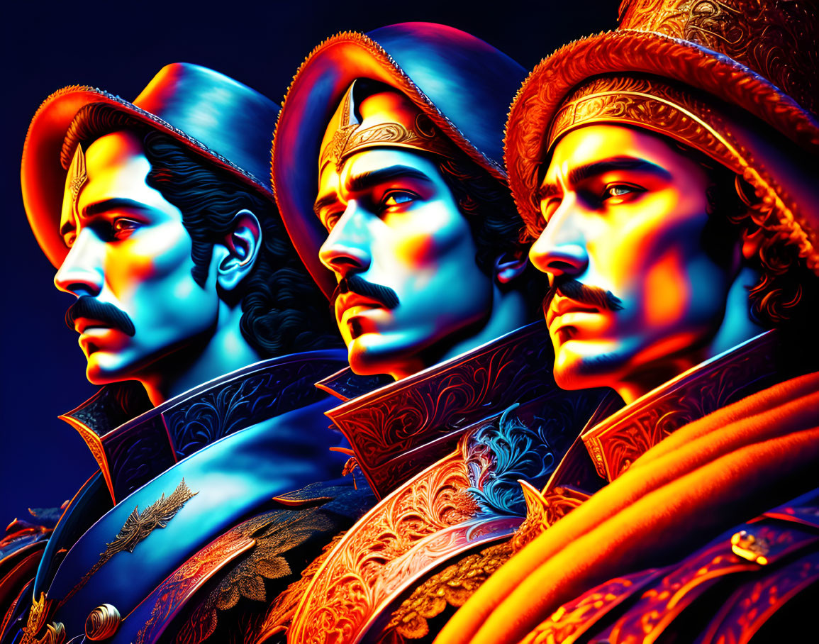 Stylized male figures in historical military uniforms with feathered helmets in vibrant colors