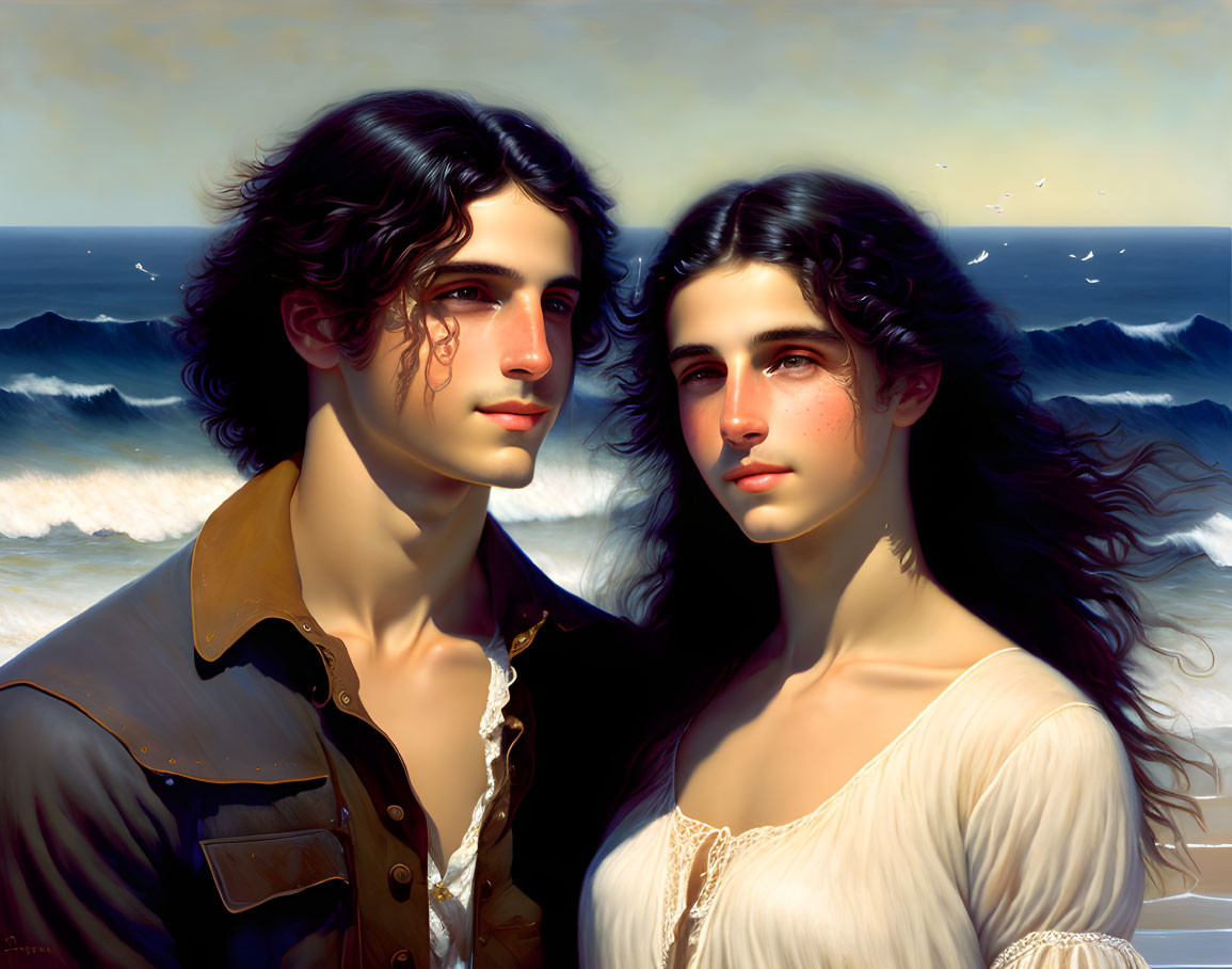 Digital artwork: Young man and woman with dark, curly hair by serene ocean