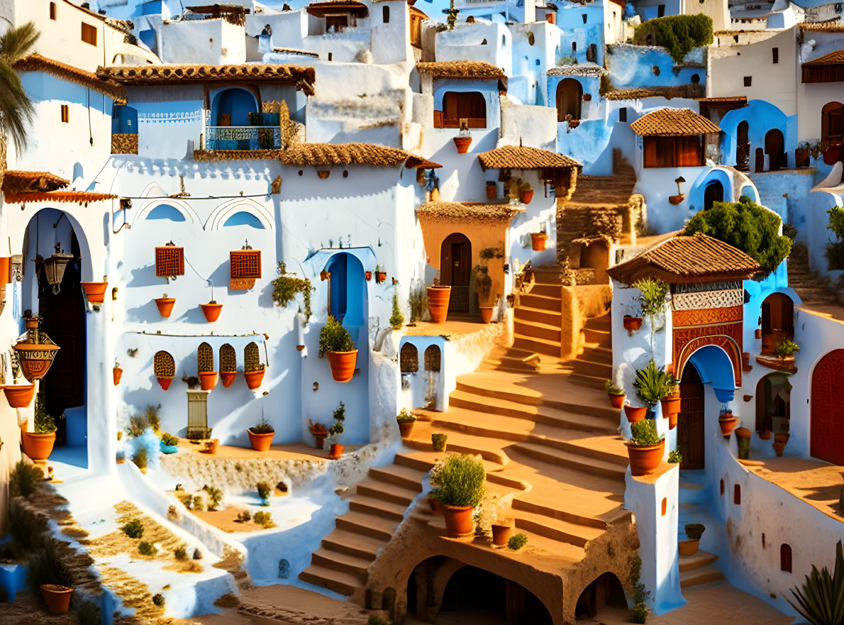 Picturesque Sunlit Blue and White Village with Mediterranean Architecture