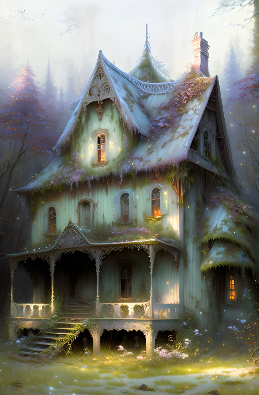 Snow-covered two-story cottage in misty twilight forest