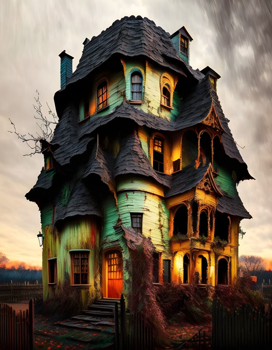 Spooky three-story house with glowing windows and overgrown vegetation