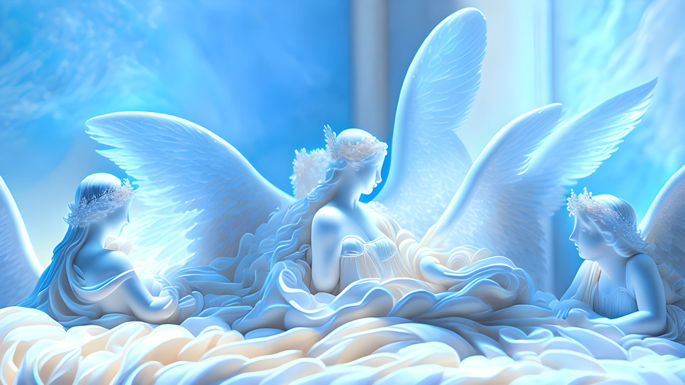 Serene angels with ornate wings in celestial blue setting