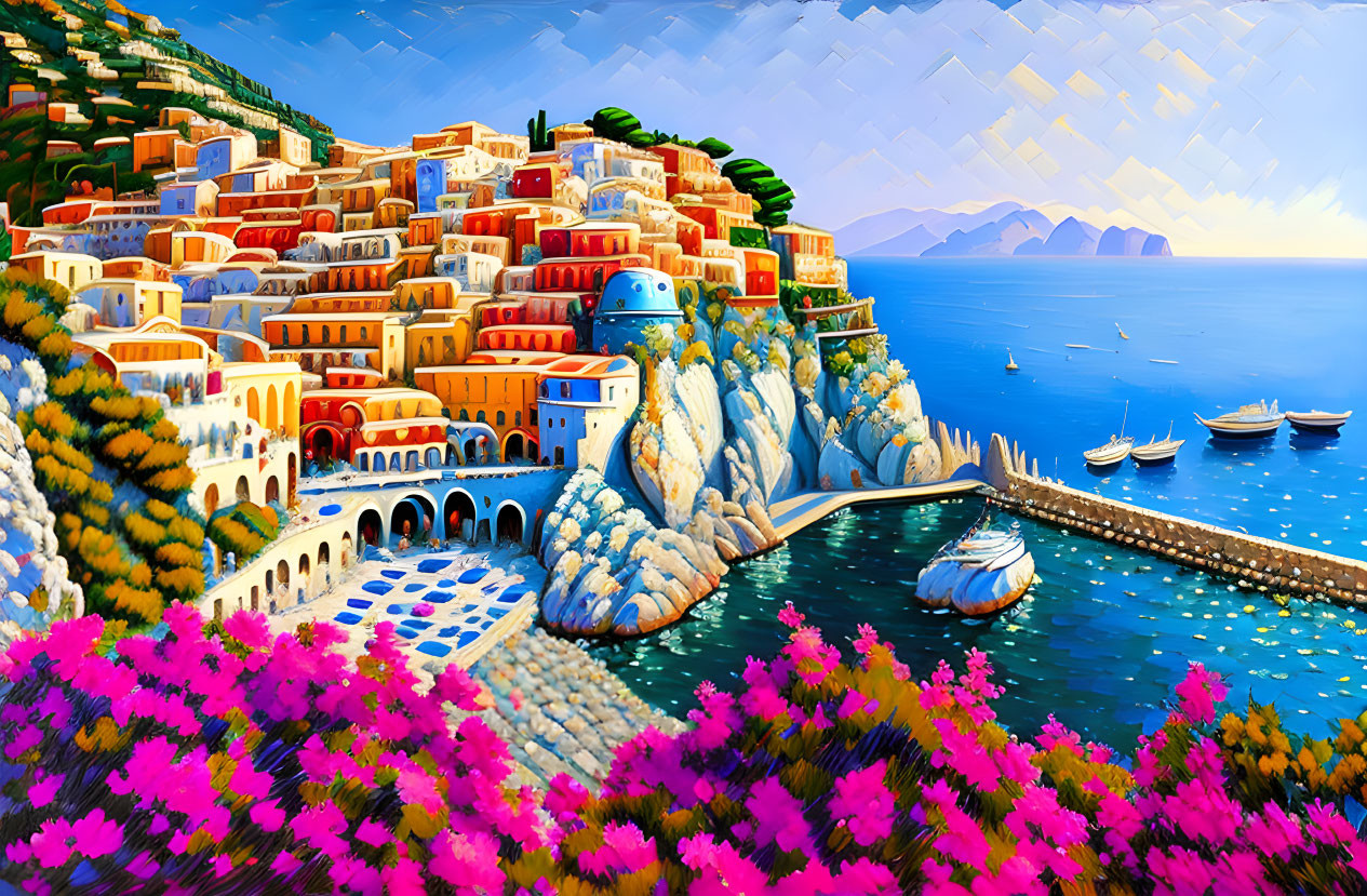 Vibrant coastal village with terracotta roofs, stone bridge, boats, and pink flowers.