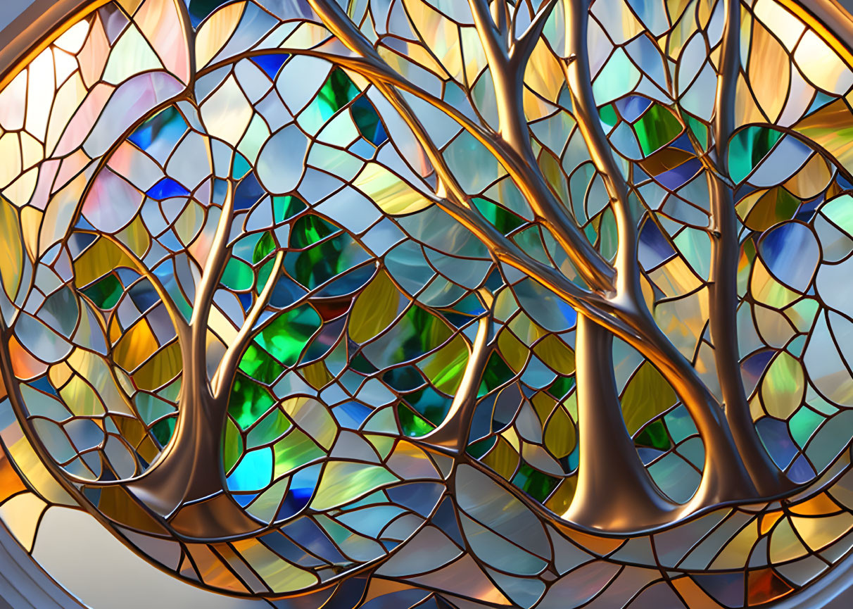 Colorful Tree-Like Design Stained Glass Window in Blue, Green, and Amber