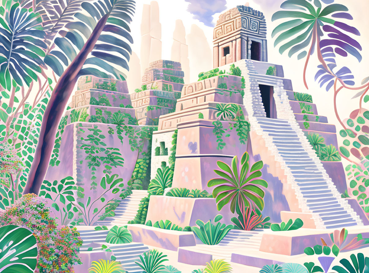 Vibrant Mesoamerican pyramid with tropical foliage and skyscrapers