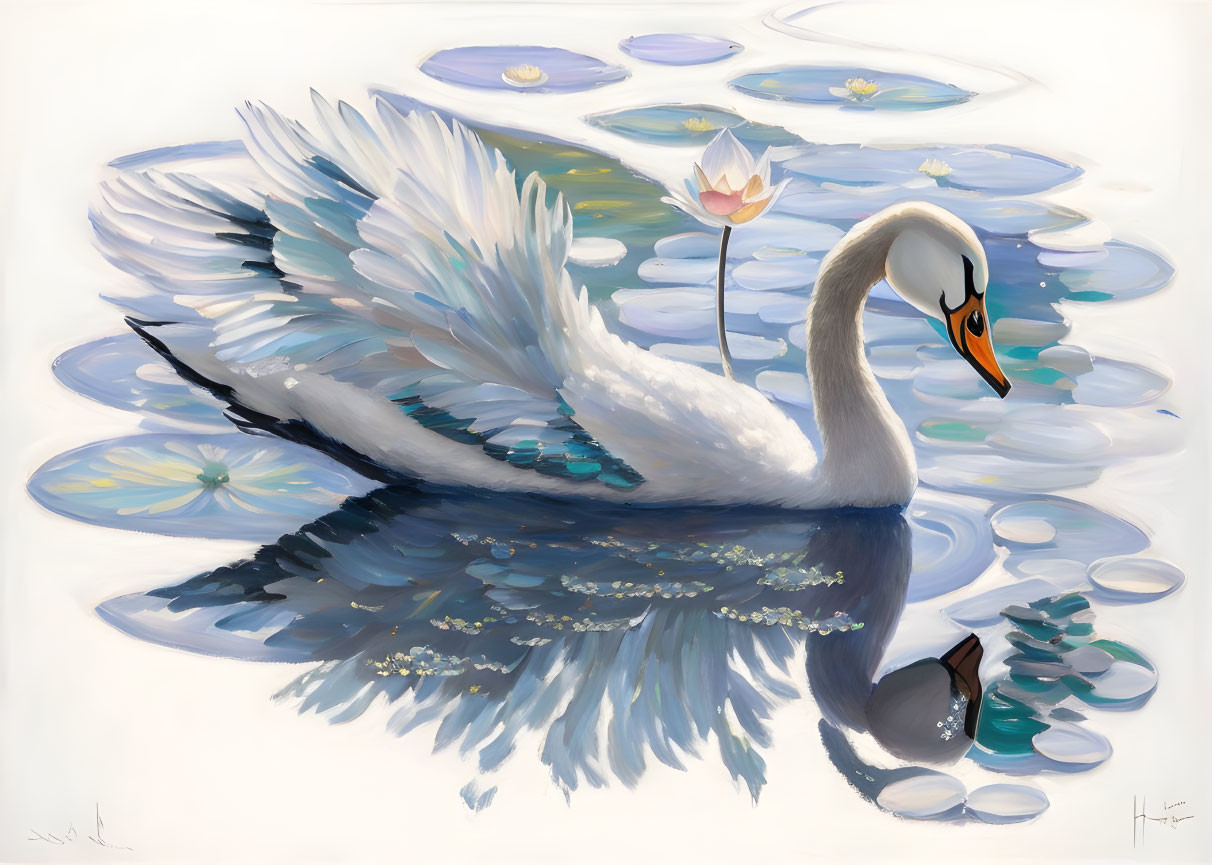 Graceful swan painting on tranquil pond with water lilies