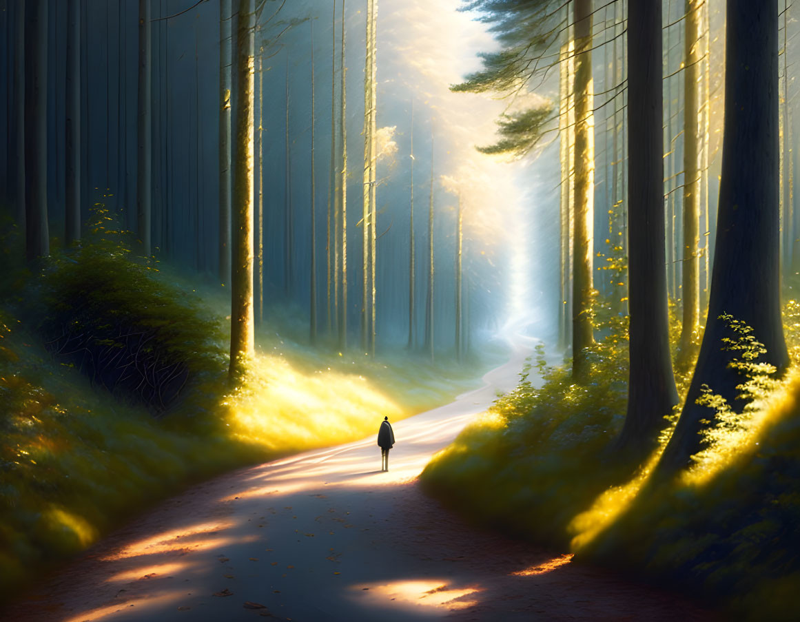 Person Walking on Serene Forest Path in Morning Sun