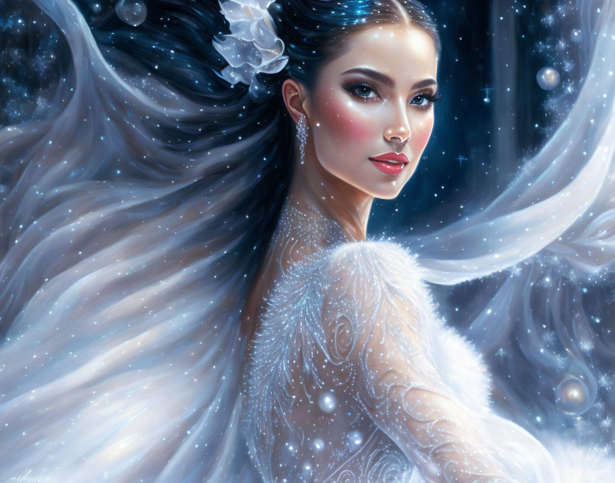 Illustrated woman in celestial theme with dark hair and sparkling gown against starry night backdrop