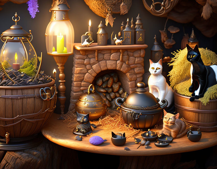 Digital art scene: Cats by Fireplace with Candles & Kitchenware