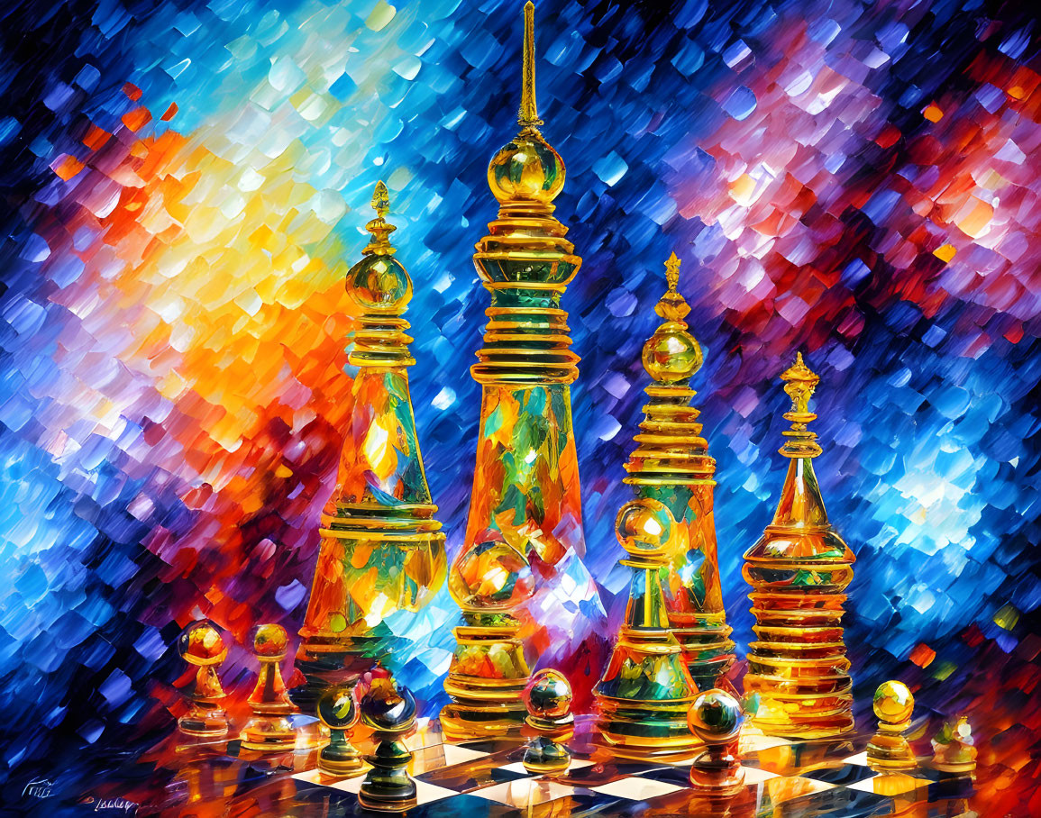 Colorful Chess Pieces Painting with Dramatic Backdrop