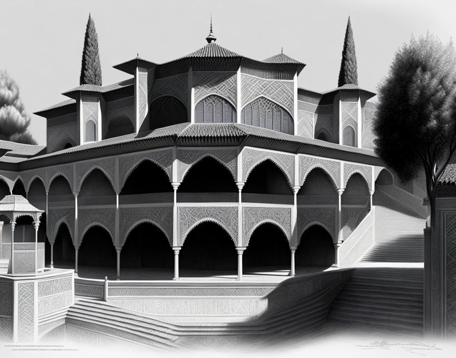 Monochrome illustration of ornate Middle-Eastern palace architecture