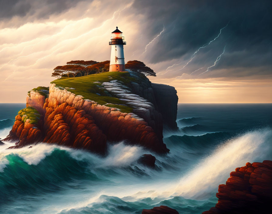 Lighthouse on rugged cliff with stormy skies and crashing waves