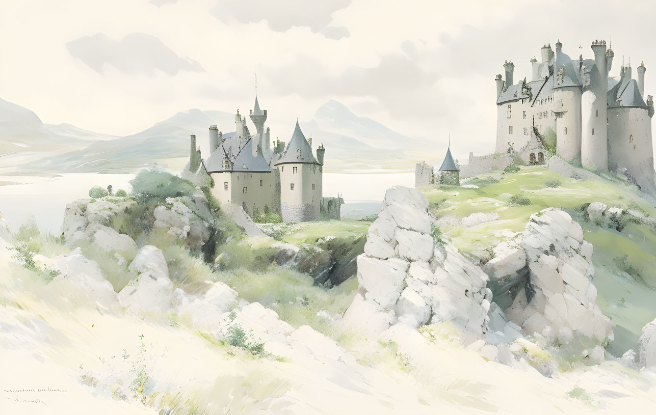 Tranquil castle scene with rocky landscape and pastel sky