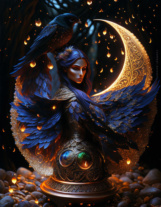 Fantastical creature with woman's face, blue bird wings, peacock feathers, glowing embers