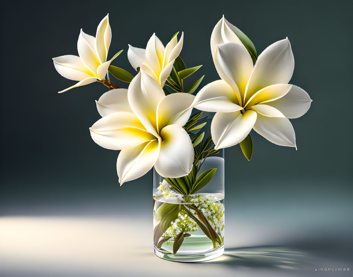 Glass vase with white and yellow plumeria flowers on gray background