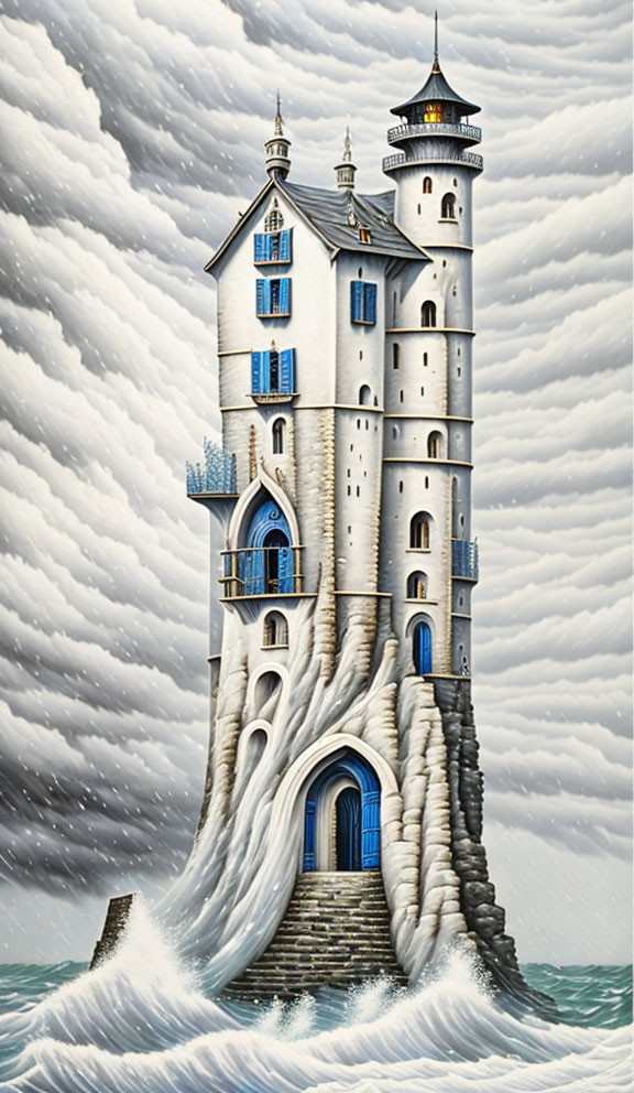 Whimsical painting of tall castle on cliff by stormy sea