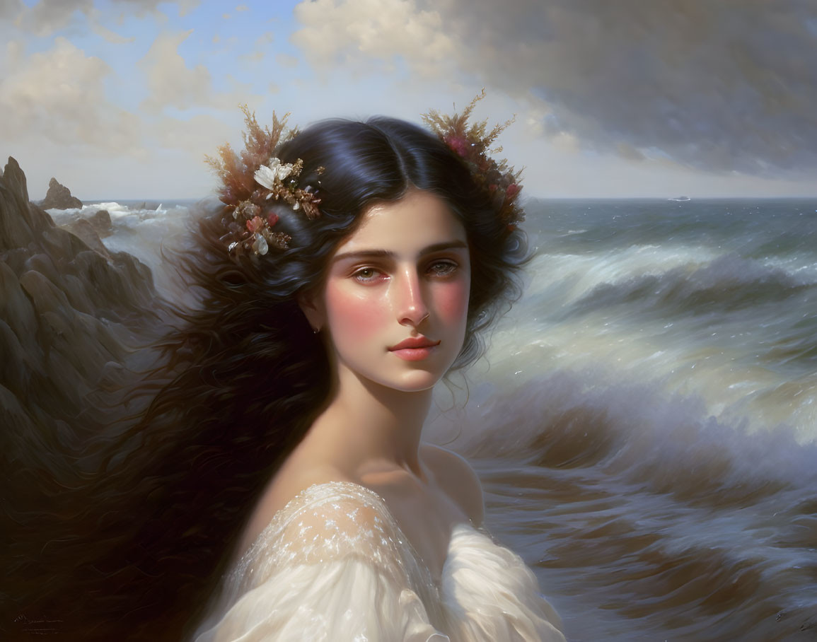 Woman portrait with floral crown, wavy hair, off-shoulder dress, sea backdrop.