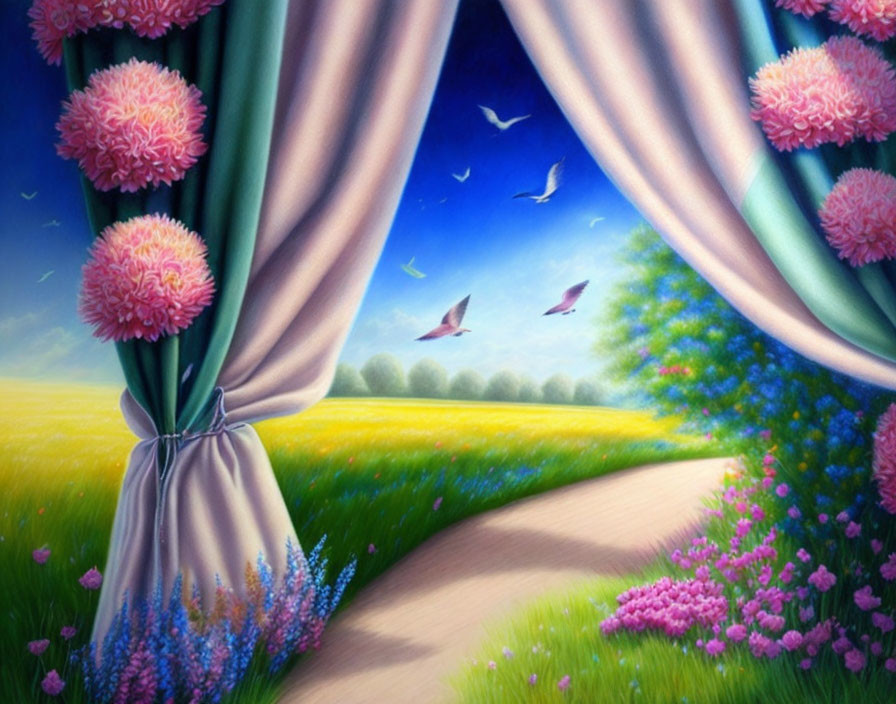 Colorful artwork: Open window view of green field, flowers, pathway, birds