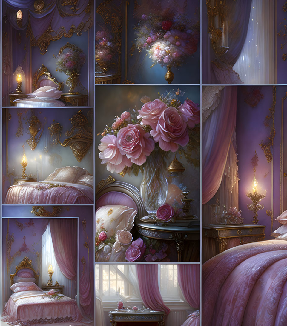 Luxurious Purple-Themed Bedroom with Floral Decorations and Elegant Furniture