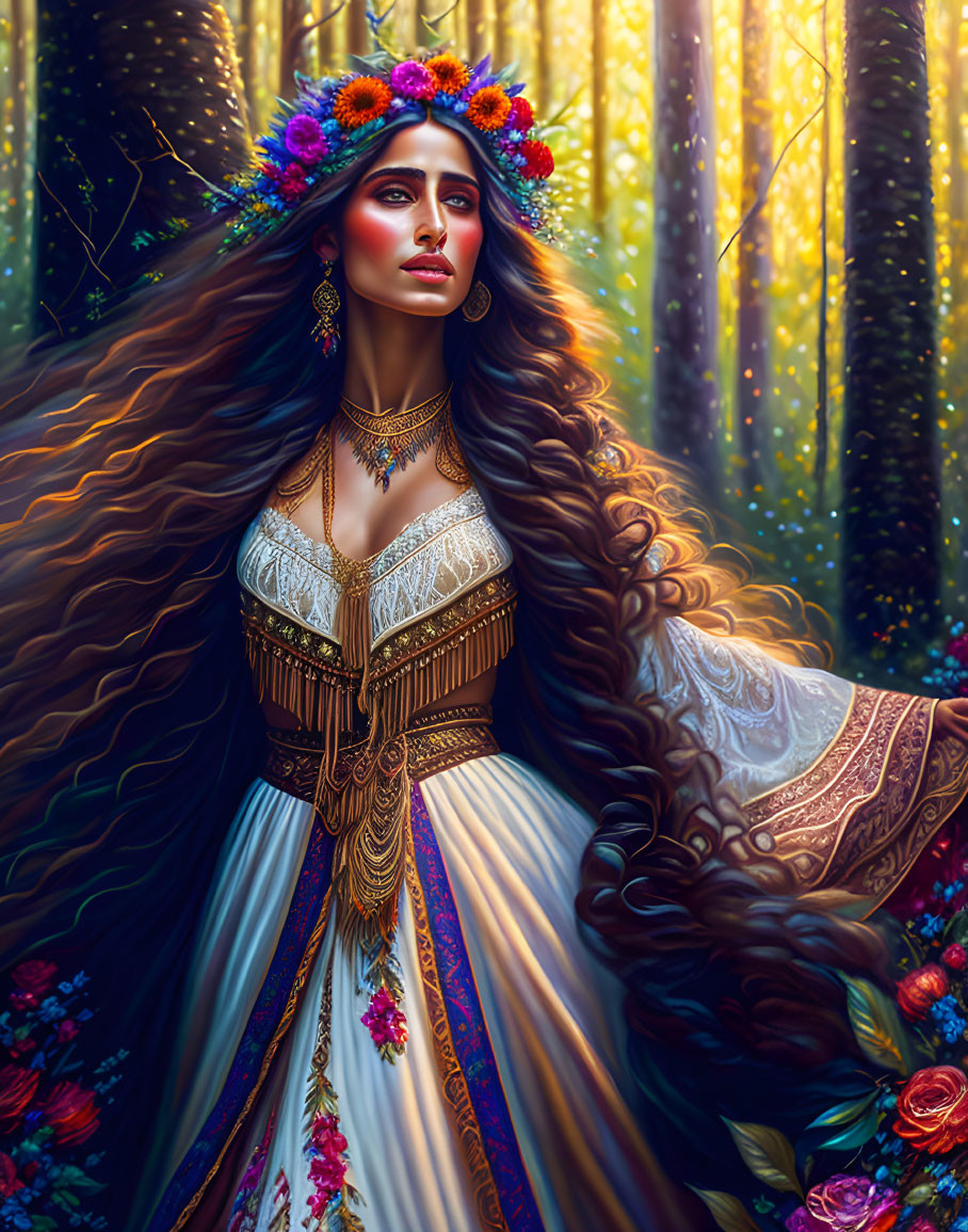 Woman with long hair in floral crown and ornate dress in sunlit forest