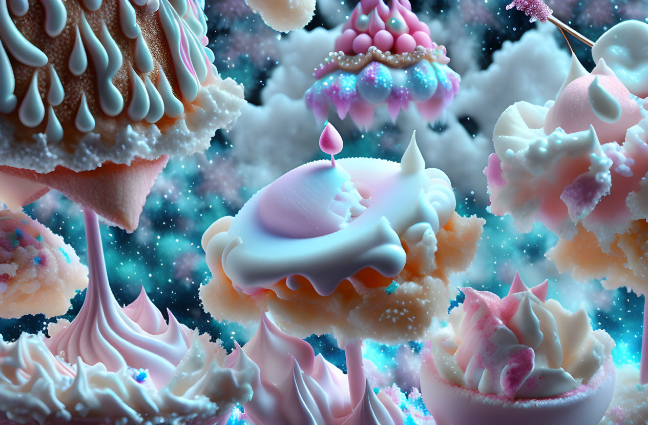 Whimsical candy-like structures in surreal pastel landscape
