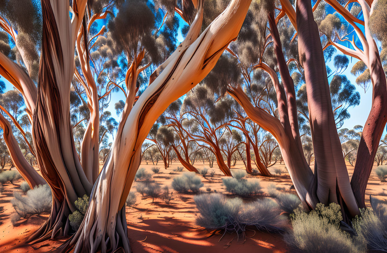 Desert landscape with twisted eucalyptus trees and shrubs under blue sky