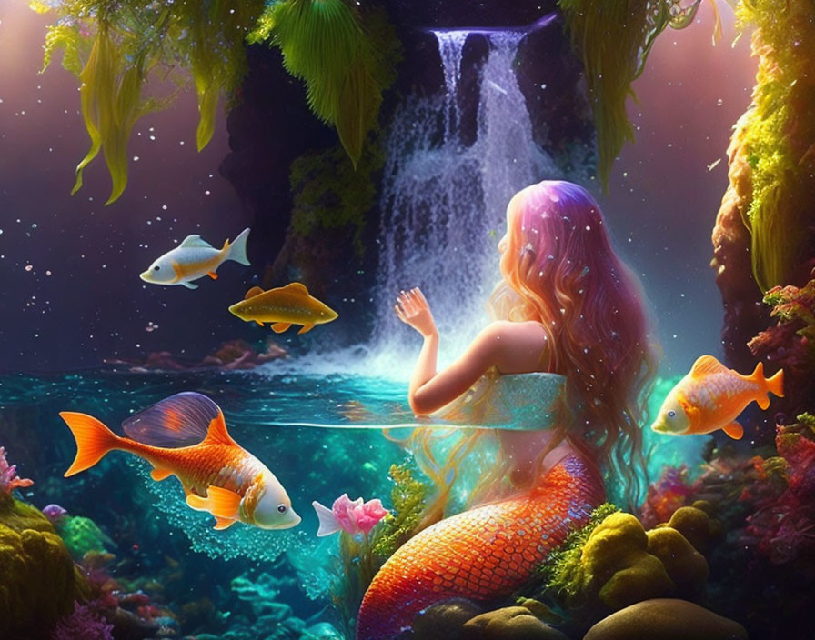 Pink-haired mermaid underwater with fish, coral, and waterfall in vibrant scene