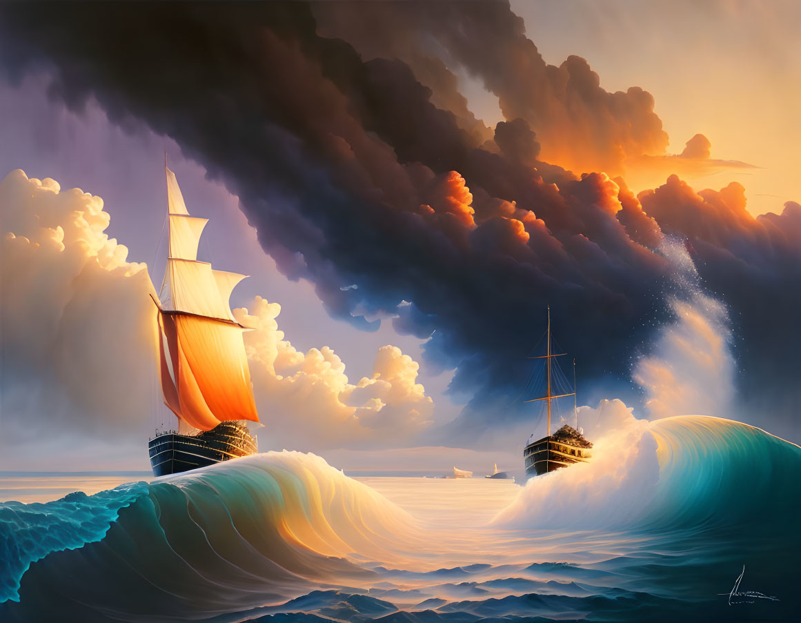 Artwork: Sailing ships in fiery sunset and stormy skies