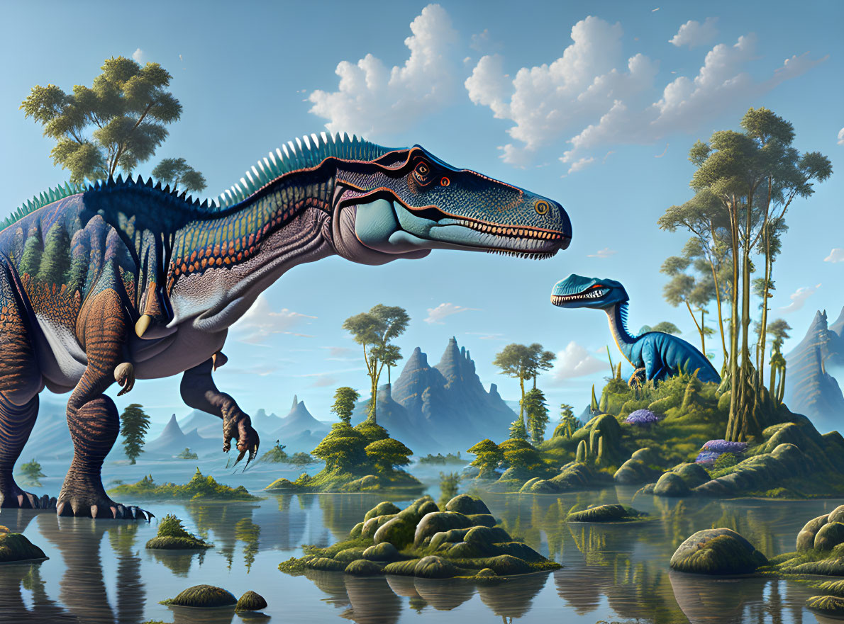 Colorful dinosaurs in lush prehistoric landscape with water