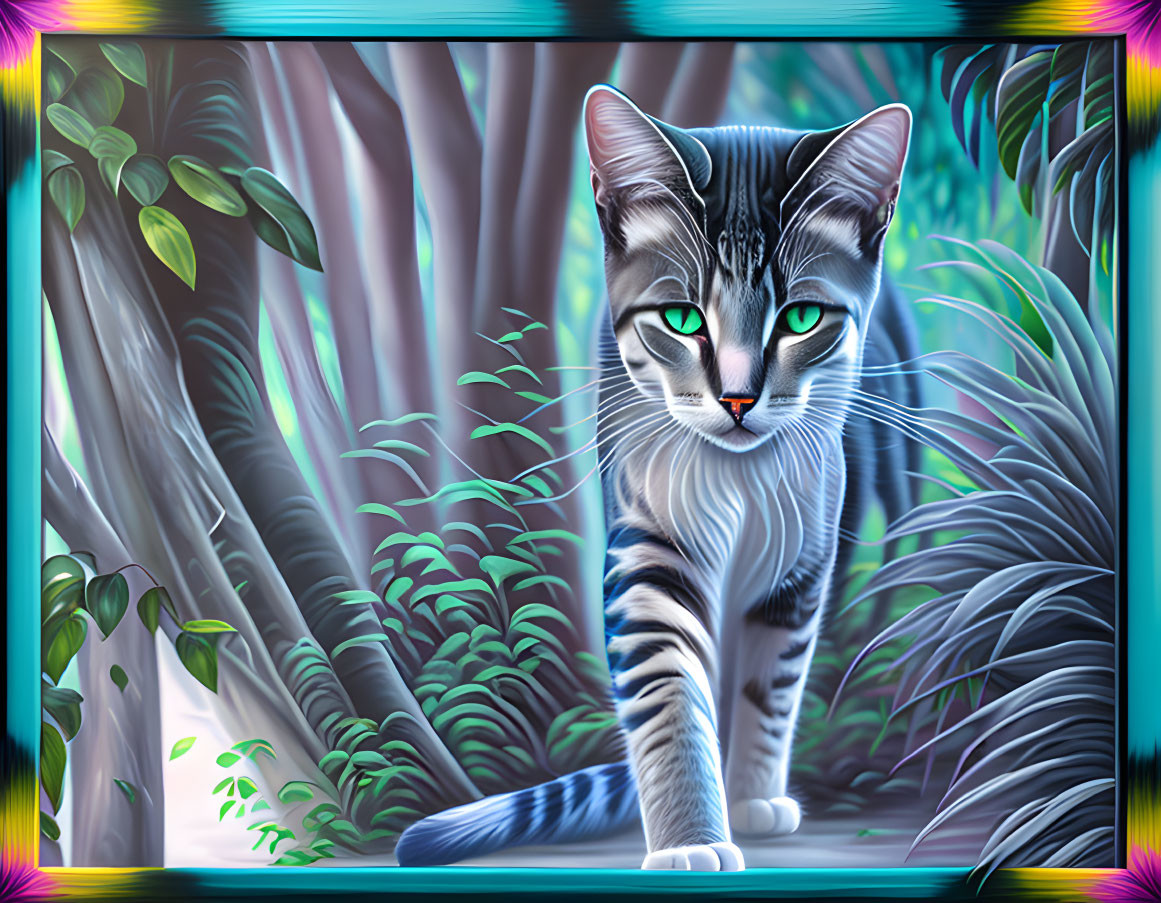 Realistic grey tabby cat in lush green jungle