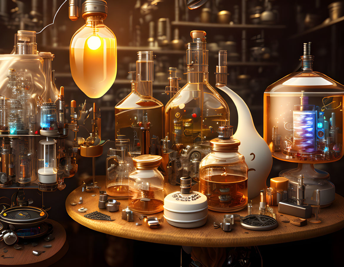 Detailed Steampunk-Inspired Laboratory with Glass Vessels & Warm Glow