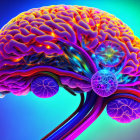 Colorful 3D-rendered human brain with neon neural pathways