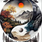 Vividly colored Yin Yang symbol with trees, mountains, and celestial elements.