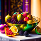 Assorted fresh fruits on display in a colorful shop setting