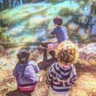 Vintage Clothing Children by Pond with Ducks in Soft Sunlight