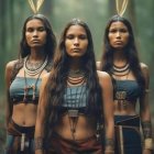 Three women in traditional Native American attire against canyon backdrop