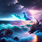 Fantasy artwork: sailing ships, dragons, turbulent sea, dramatic sky