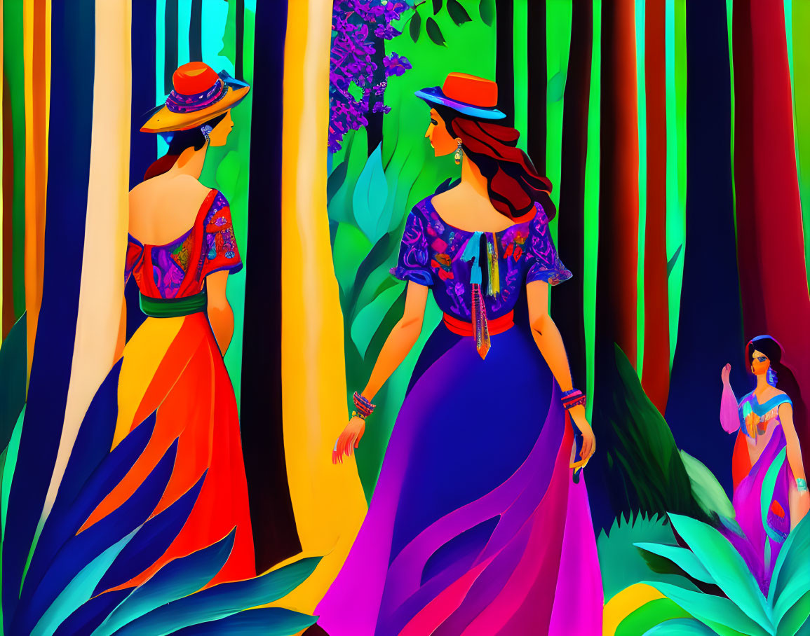 Colorful illustration: Three women in traditional dresses walking in vibrant forest