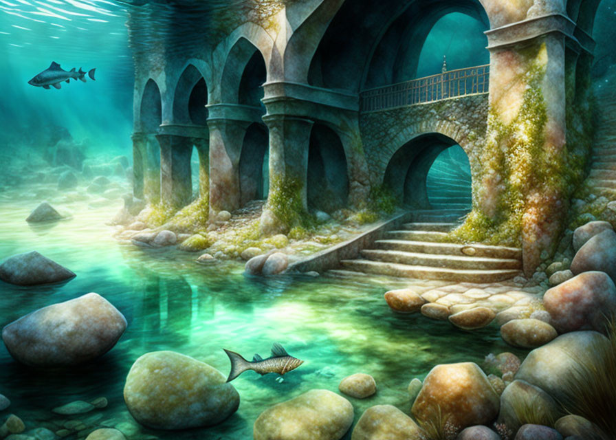 Tranquil underwater scene with moss-covered staircase, arches, and swimming fish