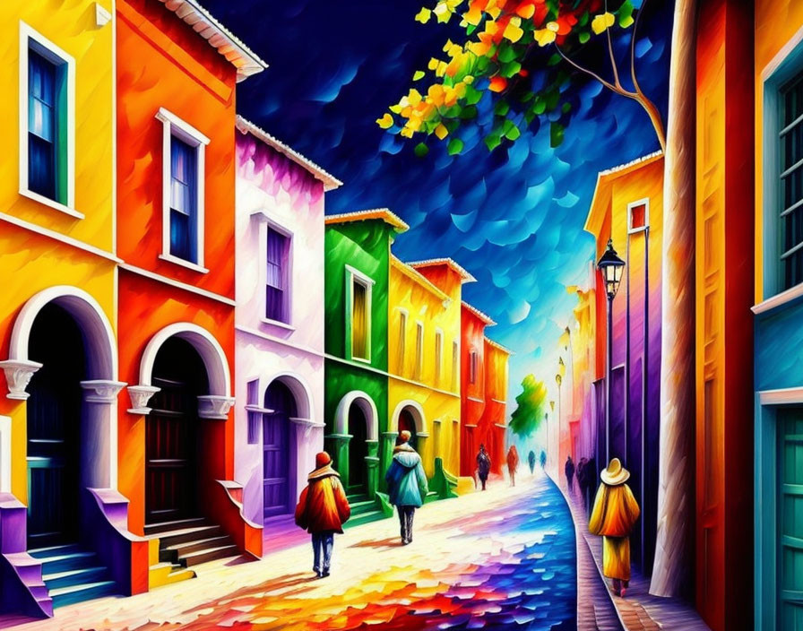 Colorful Street Scene with Bright Buildings and People Walking