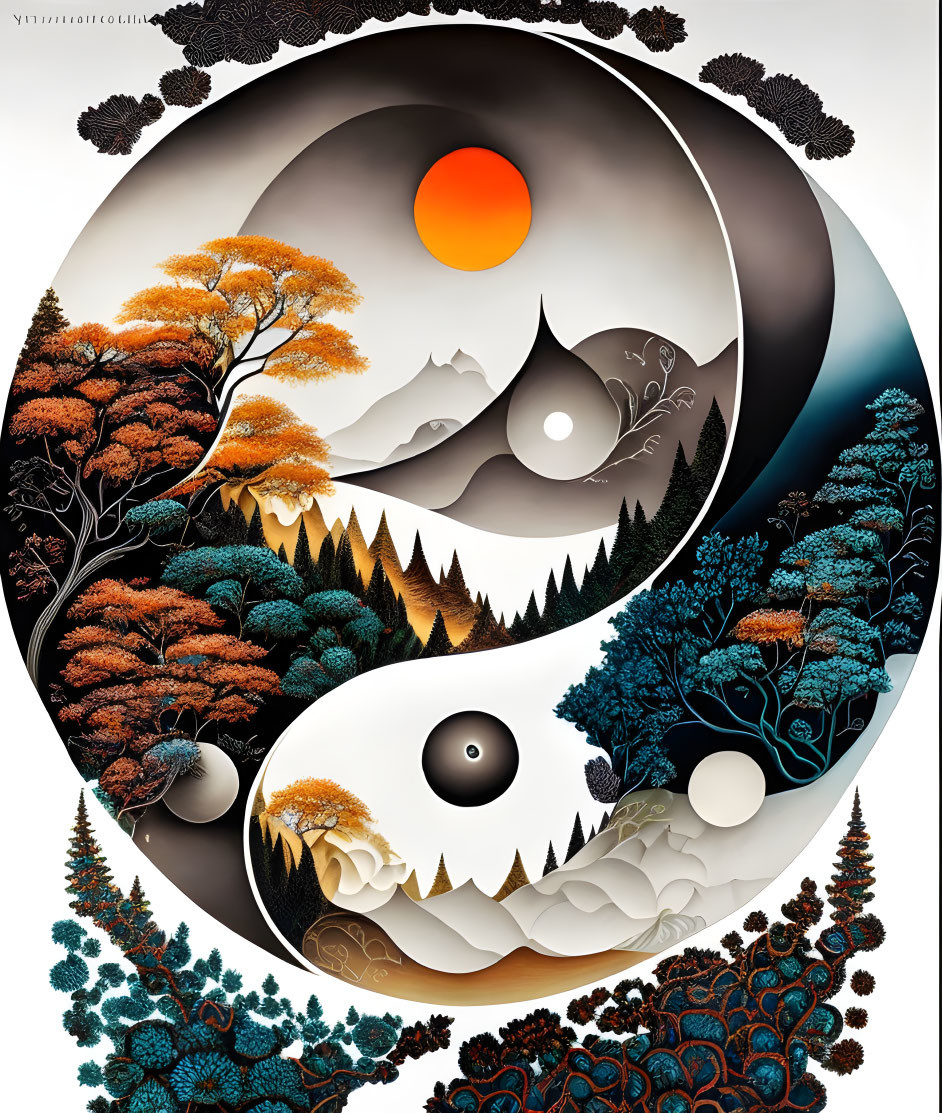 Vividly colored Yin Yang symbol with trees, mountains, and celestial elements.