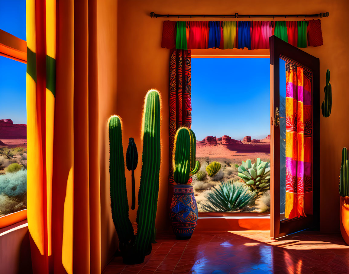 Colorful Room Overlooking Desert Landscape and Cacti