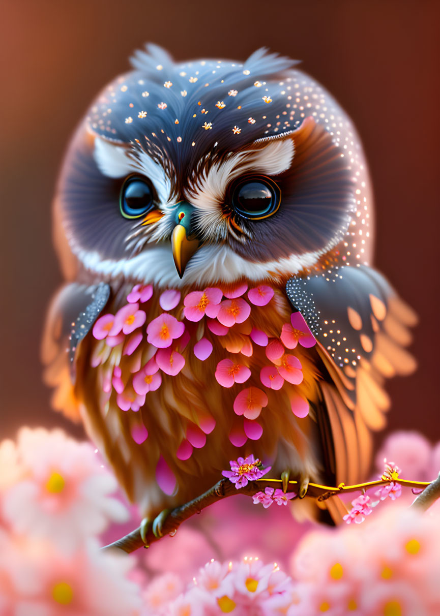 Whimsical cute owl illustration with floral patterns on branch