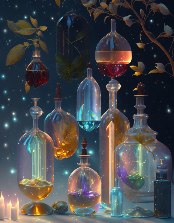 Glass Bottles of Mystical Potions with Plants Under Starry Sky