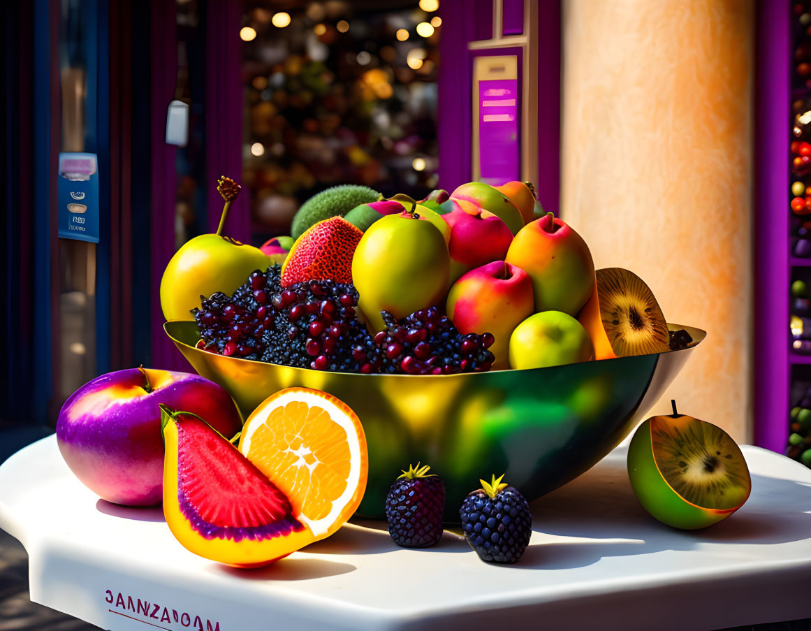 Assorted fresh fruits on display in a colorful shop setting