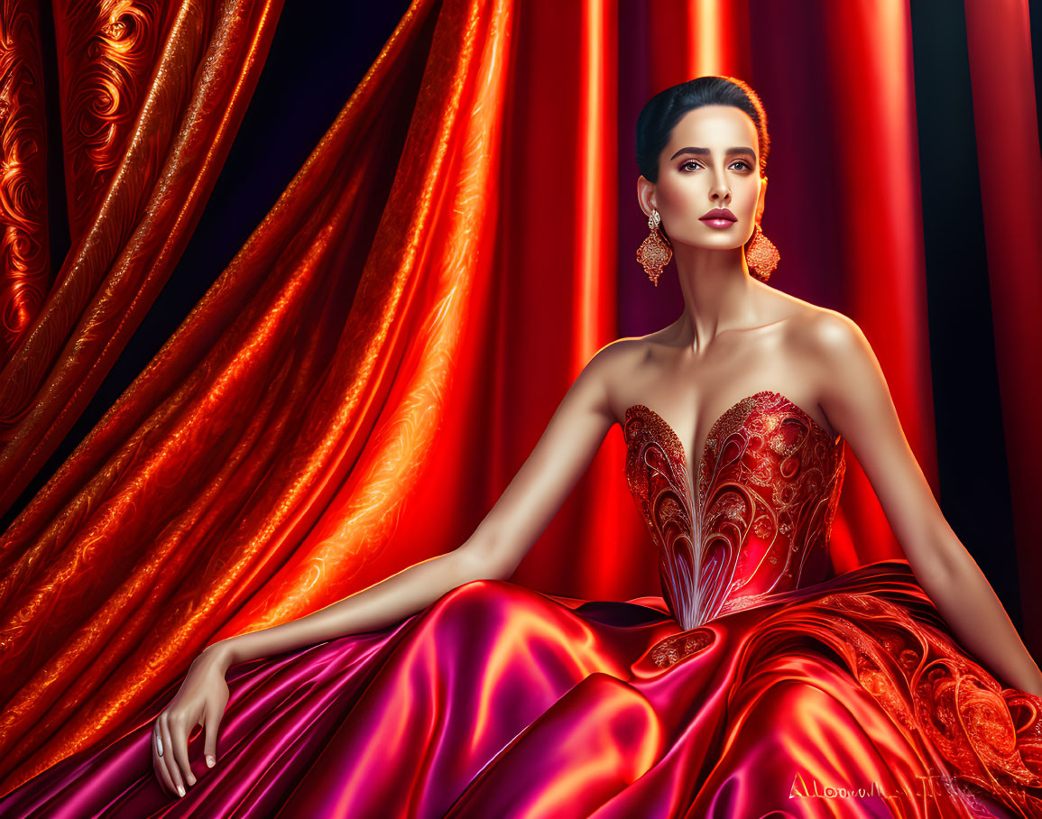 Regal woman in red satin gown with gold embroidery against velvet curtains