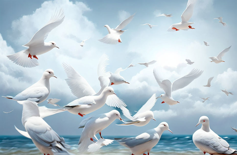 White seagulls soaring under sunny blue skies